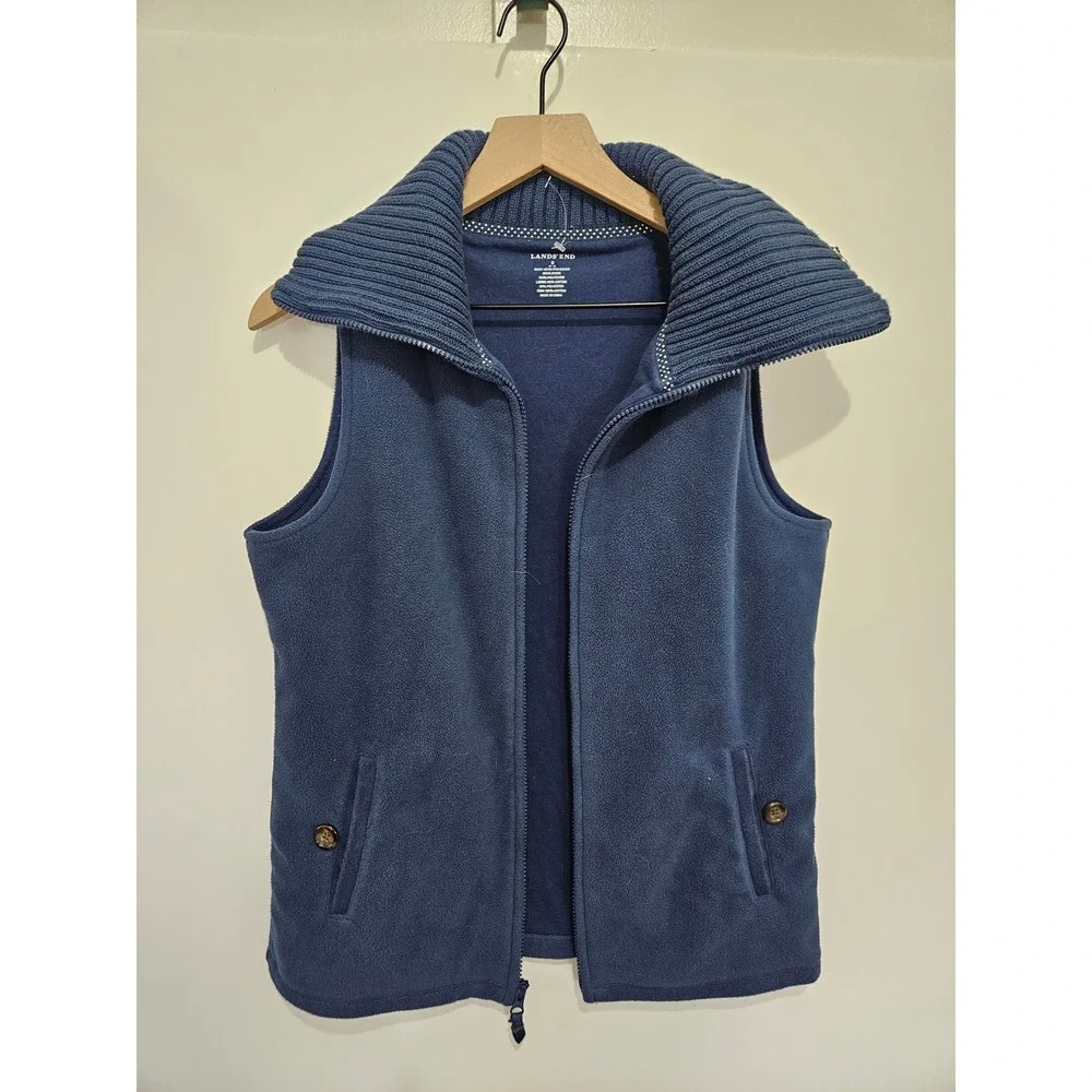 Lands End Womens Blue Fleece Vest Ribbed Knit Portrait Collar Full Zip Small 6-8